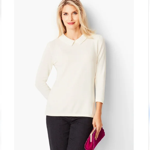 RSVP By Talbots Pearl Embelllished Top 3/4 Sleeve Ivory‎ Women Sz L Classic Chic - Picture 2 of 14